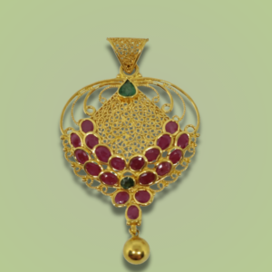 Sha Jewellers 22k Gold Two-Layer Ruby Cluster Pendant with Emerald Top and Emerald Gold Drop | Traditional Layered Temple Jewelry