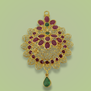 22k gold pendant, triple emerald jewelry, ruby cluster pendant, emerald drop necklace, Sha Jewellers, three emerald design, traditional indian pendant, kundan work, hyderabadi jewellery, wedding jewelry, festive pendant, gemstone cluster, luxury gold pendant, emerald ruby combination, statement jewelry