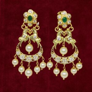 Sha Jewellers 22k Gold Flora Top Chand Bali Earrings with Polki Diamonds, Central Emerald, Two Birds Design and South Sea Pearls | Narrative Nizami Jewelry