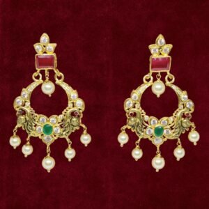 Sha Jewellers Large 22k Gold Pink Ruby and Emerald Polki Chand Bali Earrings with South Sea Pearls | Rare Gemstone Nizami Jewelry