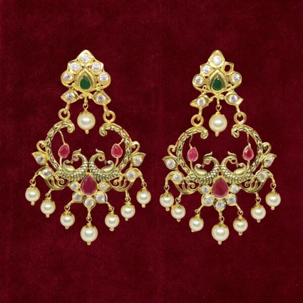 Sha Jewellers 22k Gold Rubies, Emerald and Polki Chand Bali Earrings with South Sea Pearls | Nizami Style Traditional Jewelry