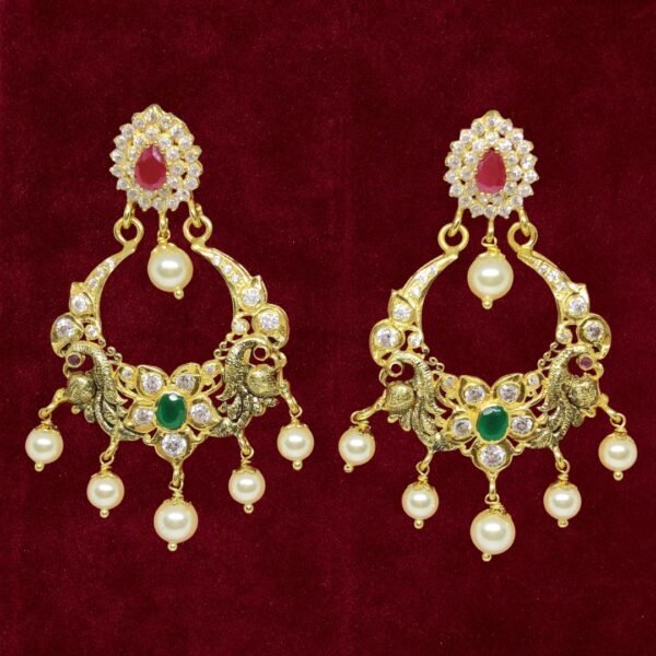 Sha Jewellers 22k Gold Royal Chand Bali Earrings with Rubies, Emeralds, Polki Diamonds and South Sea Pearls | Nizami Style Tapestry Jewelry