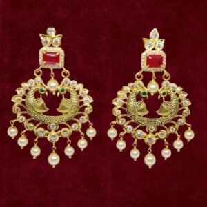 Sha Jewellers 22k Gold Peacock Design Chand Bali Earrings with Rubies, Emeralds, Polki Diamonds and South Sea Pearls | Royal Nizami Jewelry