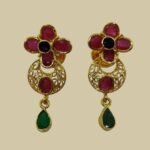 Sha Jewellers 22k Gold Ruby Drop Earrings with Central Blue Sapphire and Emerald Accents | Royal Trio Gemstone Jewelry