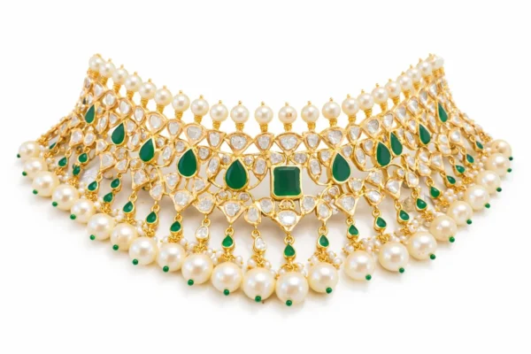 22K gold emerald Polki choker with South Sea pearls along the top and bottom rows by SHA Jewelers