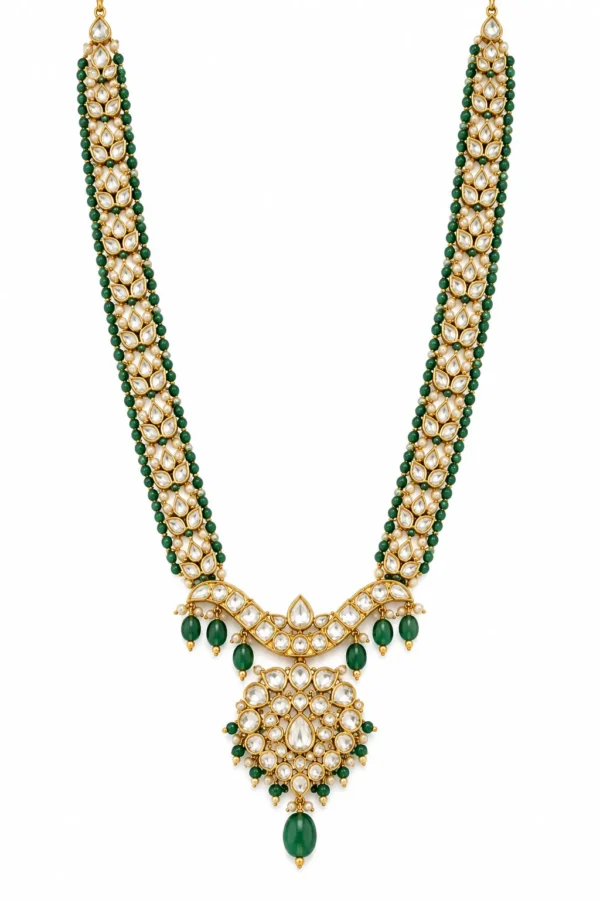 22K gold emerald and Polki Kundan necklace with emerald drops by SHA Jewelers
