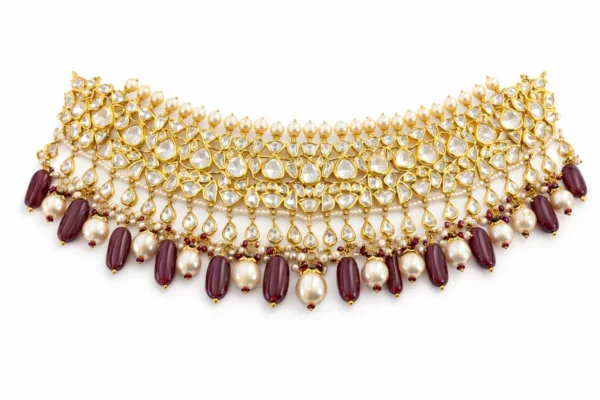 22K gold Polki Kundan choker with South Sea pearls and ruby drops by SHA Jewelers