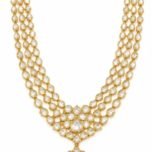 Ornate 22K gold Kundan bridal necklace with three layers of Polki and a central Polki pendant by SHA Jewelers