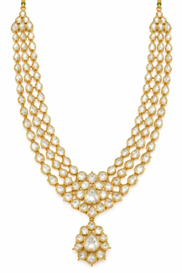 Ornate 22K gold Kundan bridal necklace with three layers of Polki and a central Polki pendant by SHA Jewelers