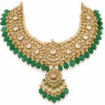 Traditional gold Polki Kundan necklace set with emerald-green drops and pearl choker by SHA Jewelers