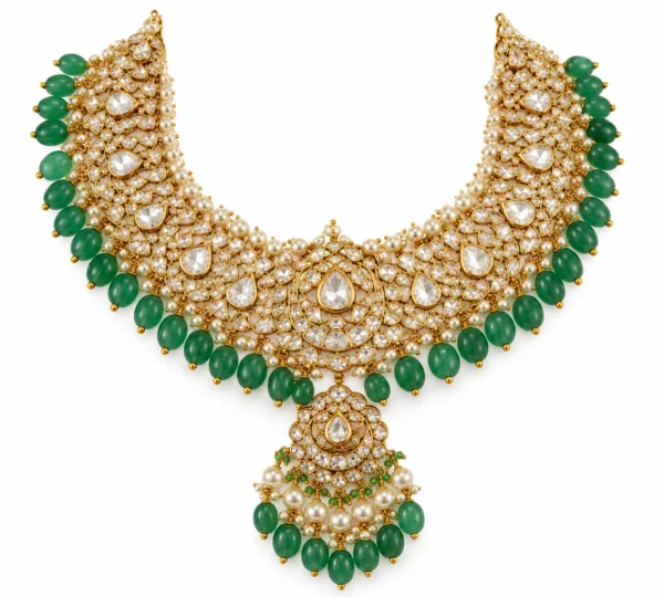 Traditional gold Polki Kundan necklace set with emerald-green drops and pearl choker by SHA Jewelers
