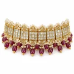 Square Polki ruby choker with ruby drops and South Sea pearls in 22K gold by SHA Jewelers