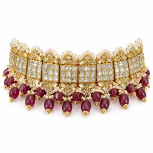 Square Polki ruby choker with ruby drops and South Sea pearls in 22K gold by SHA Jewelers