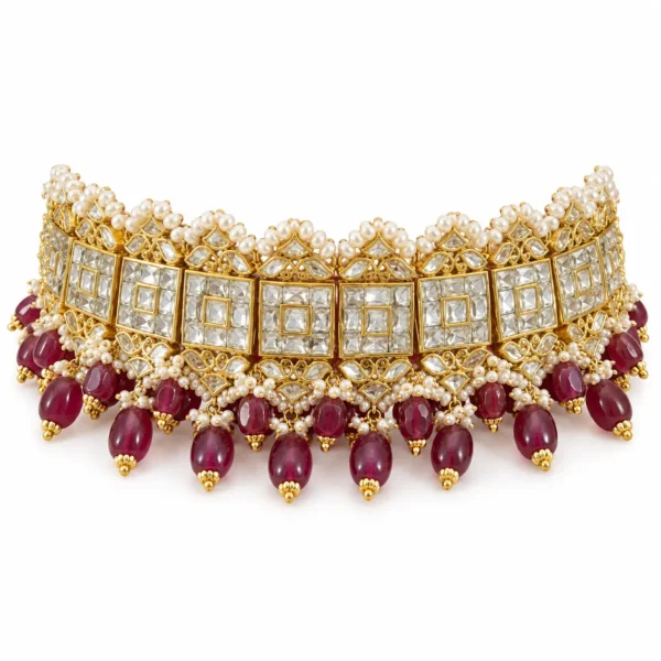 Square Polki ruby choker with ruby drops and South Sea pearls in 22K gold by SHA Jewelers